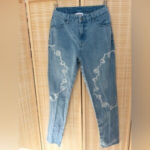 Blue Straight Leg Jeans with White Floral Design